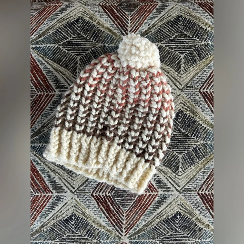 📦LAST CHANCE: DONATING📦 Hand Knit Brown, Cream and Mauve Winter Hat